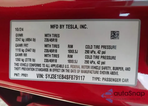 2025 Tesla Model 3 Long Range All-Wheel Drive из США, поврежденный, VIN 5YJ3E1EB4SF879117